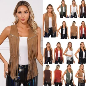 Women^Tassel Fringe Western Cowboy Cowgirl Waistcoat Hippie Costume Jacket Vest - Picture 1 of 80