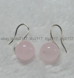 Natural 10mm round Pink Rose Quartz gemstone Beads silver Hook Dangle Earrings - Picture 1 of 6