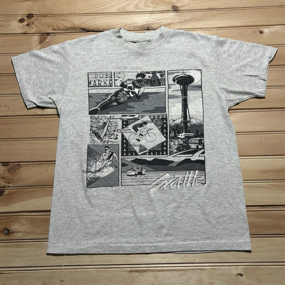 Vintage 80s Seattle Washington Space Needle Water Sports Art Tourist Shirt - M - Image 1 of 4