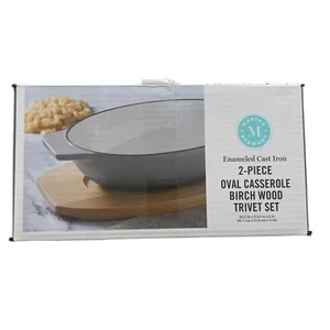 Martha Stewart 2 Piece Cast Iron Oval Au Gratin Casserole Birch Wood Trivet Set - Picture 1 of 1