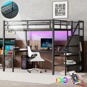 Full XL Size Loft Bed with L-shaped Desk and USB, Metal Loft Bed with Wardrobe - Picture 1 of 11