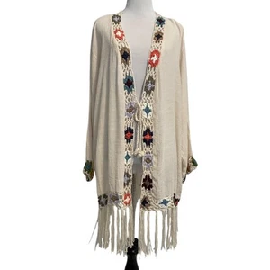 Kindred NEW Granny Square Kimono Cardigan Womens 3X Natural Topper Fringe Boho - Picture 1 of 9