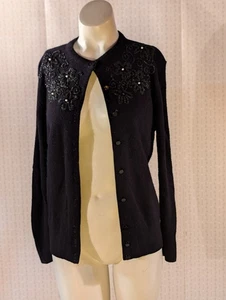 Vintage Whimsigoth Black Cardigan S Embellished Glitter & Pearls Fuzzy Classic - Picture 1 of 13