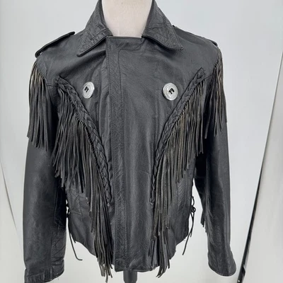 Chaqueta de Motocicleta de Cuero Negra De Colección PARA HOMBRES Cremallera Completa Flecos Tema Suroeste M Foto 1 de 4