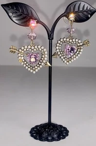 Betsey Johnson Cupid Heart Arrow Drop Earrings Pink Crystal Pearl Rhinestone - Picture 1 of 14