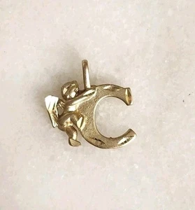 10K Solid Gold Cherub Angel Michael Anthony Letter Initial "C" Pendant Charm 1g - Picture 1 of 9