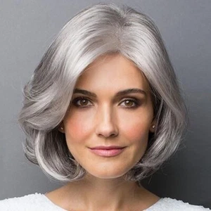 Women Synthetic Silver Wavy Short Bob Wig Smooth Natural Light Grey Hair - Picture 1 of 7