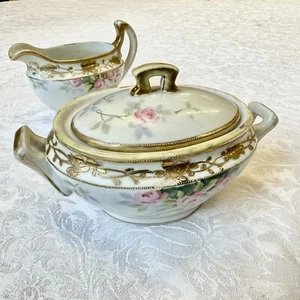 Gold Leaf and Floral Covered Sugar Bowl and Creamer Hand Painted Nippon - Picture 1 of 5