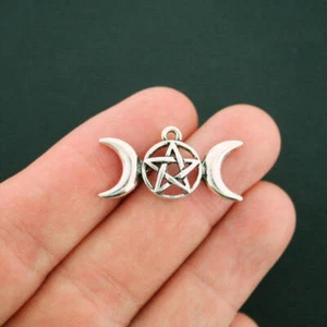 6 Moon Charms Antique Silver Tone Pentagram Triple Moon - SC3442 - Picture 1 of 2