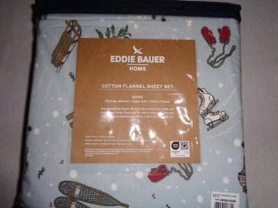 EDDIE BAUER QUEEN ALGODÓN Juego de sábanas franela DÍA DE NIEVE esquí, trineo, patines, raquetas de nieve Foto 1 de 3