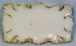 Milk Glass Pin Dish Bureau Tray Embossed Scrolls Gold Paint Victorian Antique - Picture 1 of 4