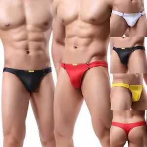 Men's PU Leather Thong Underwear Sexy Button Faux Leather T-back Underpants M-XL - Picture 1 of 52