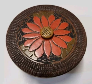 Vintage Japanese 3.5" Floral Wooden Round Lidded Trinket Box - Picture 1 of 4
