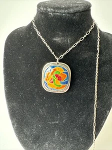 VINTAGE Artisan 925 Sterling Silver Dichroic Glass Mosaic Necklace Pendant 21.5" - Picture 1 of 8