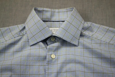 Eton Mens Blue White & Green Checker Slim Fit Dress Shirt NWT  S 15  38   33/34 - Image 1 of 4