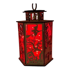 Laser Cut Flameless LED Lantern Tealight Wood Halloween Spider Witch Medium - Picture 1 of 10