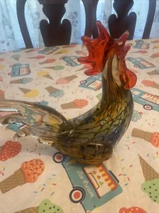 Hand blown glass Murano Rooster statue sculpture Blue Orange Red - Picture 1 of 10