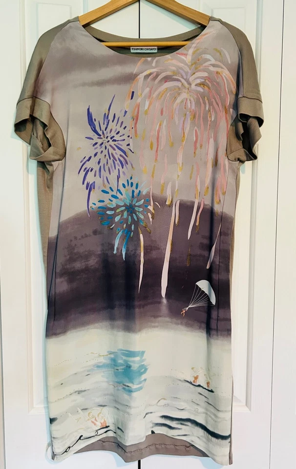 ¡Fuegos artificiales de seda TSUMORI CHISATO! Vestido para mujer gris-blanco-multi Japón talla 2 M Foto 1 de 4