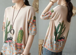 Mujeres Lino Algodón Tejido Cuello Redondo Top Manga Corta Camiseta Blusa Ropa - Imagen 1 de 5