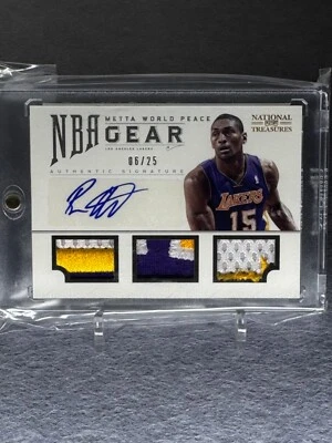 2012-13 Metta World Peace National Treasures Game Gear /25 Game Worn Patch Auto - Image 1 of 2