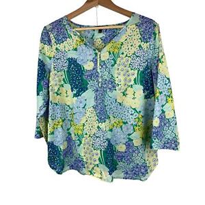 Talbots Petite LP Yellow Blue Green Floral 3/4 Sleeve Cotton Popover Blouse