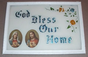 Vintage 1940's GOD BLESS OUR HOME w/MARY & JESUS Beautiful Metallic Foil Art! - Bild 1 von 3