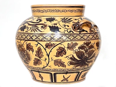 Antique Chinese Vase Ceramics Guan Jar Phoenix Peony with Salamander Handles - Image 1 of 4