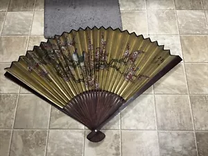VTG Large Asian Wood Fan Wall Art Hand Painted Gold w/ Birds & Floral in a tree - Picture 1 of 14