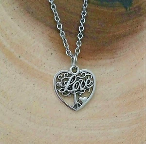 Tree Of Life Love Heart Silver Charm Pendant Stainless Steel Necklace - Picture 1 of 3