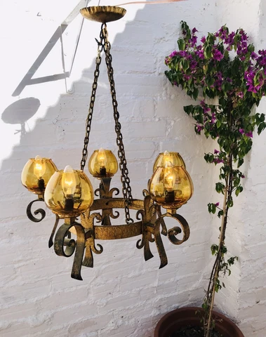 LARGE Antique CHANDELIER Wrought Iron Gold Spanish Gothic Southwestern Yellow Cover