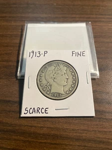 1913-P Barber Silver Half Dollar 50C FINE (F) - Picture 1 of 4