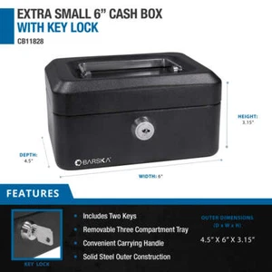 BARSKA 6 Inch Small Steel Cash Box Safe w/ Removable Tray and Key Lock, CB11828 - Picture 1 of 5