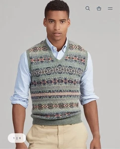 Polo Ralph Lauren grün Fair Isle Pullover V-Ausschnitt Weste Wolle Kaschmir Herren XL - Bild 1 von 9