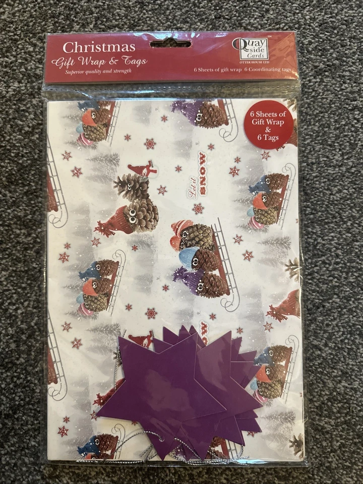 OTTER HOUSE Christmas Pinecone Family Gift Wrap 6 Sheets & 6 Tags Star Xmas Paper NEW Red
