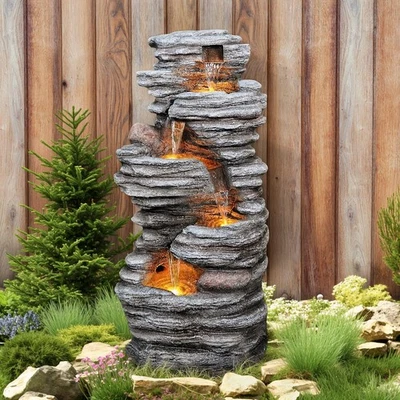 40" Outdoor Water Fountain with Lights - 5-Tier Cascading Rock Waterfall Foun... - Image 1 of 4