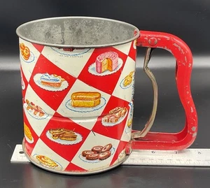 Vtg Androck Hand-i-Sift 3 Screen Metal Flour Sifter Red White Checkered Prints - Picture 1 of 11