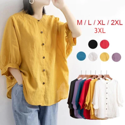 Summer Womens Linen Shirts Blouse Tops 3/4 Puff Sleeve Button-Down Plain Retro ⇓ - Image 1 of 4