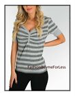 Women Haute Boho Gray Stripe Stretch Cotton Button Front Top Tee Shirt S M L