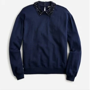 J Crew Sequin Crystal Embellished Collar Crewneck Sweatshirt sz L Navy - Picture 1 of 11
