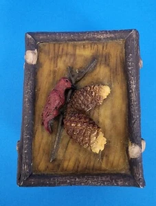 Vintage Resin Jewelry Trinket Box Cardinal Bird Pine Cone Wood-Look  - Picture 1 of 10
