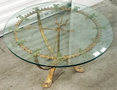 Vintage Coffee Table Gold Silver Metal Glass MCM Armorial Gothic Hollywood Regen Cover
