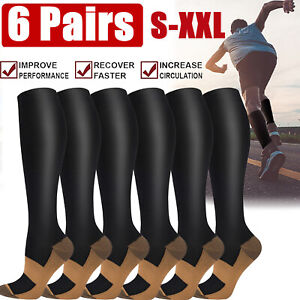 6 Pairs Copper Compression Socks 20-30mmHg Graduated Support Mens Womens S-XXL