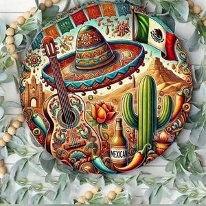 Mexico 8" Round Metal Sign - Iron Wall Art Mexican Decor Cactus Deco - Picture 1 of 4