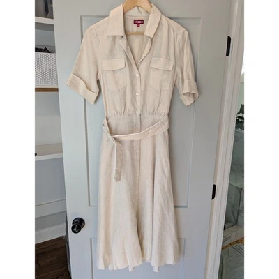 Vestido midi STAUD Millie de lino con cinturón botón delantero dobladillo deshilachado talla 4 LEER Foto 1 de 4