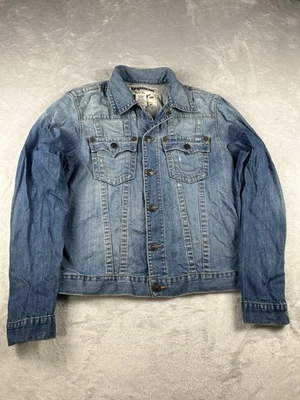 Jaqueta jeans ocidental True Religion masculina XL azul denim caminhoneiro patch desgastado - Imagem 1 de 4