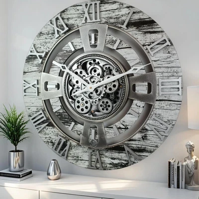 The Gears Clock ENGLAND LINE WALL CLOCK ROUND 24 INCH GREY & WHITE - Image 1 of 4
