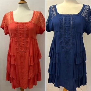 Lot of 2 Free People Boho Tunic Swim Cover Dress Shift Small Petite Coral & Navy - Picture 1 of 15