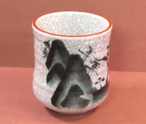 Japanese Yunomi Sushi Tea Cup 3.5"H Crackle Porcelain Green Black Made in Japan - Picture 1 of 9