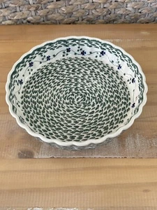 Blaue Rose Kleeblatt polnische Keramik Kuchenplatte Quiche Schale Polen Salbei 9" - Bild 1 von 4