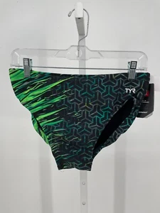 TYR Mens Synergy All-Over Racer Swim Briefs 36 Black Green upf 50+ Tech RSYYS7AS - Picture 1 of 5